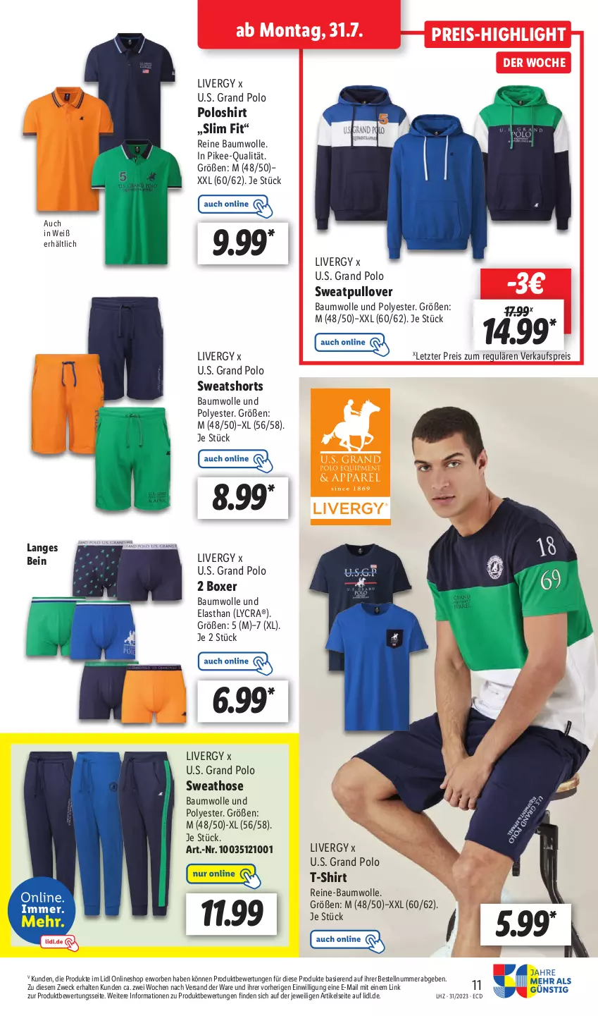 Aktueller Prospekt Lidl - Aktionsprospekt - von 31.07 bis 05.08.2023 - strona 13 - produkty: Bau, baumwolle, eis, hose, livergy, poloshirt, Pullover, reine baumwolle, reis, shirt, shorts, Sweathose, sweatshorts, T-Shirt, Ti, weck, wolle, ZTE