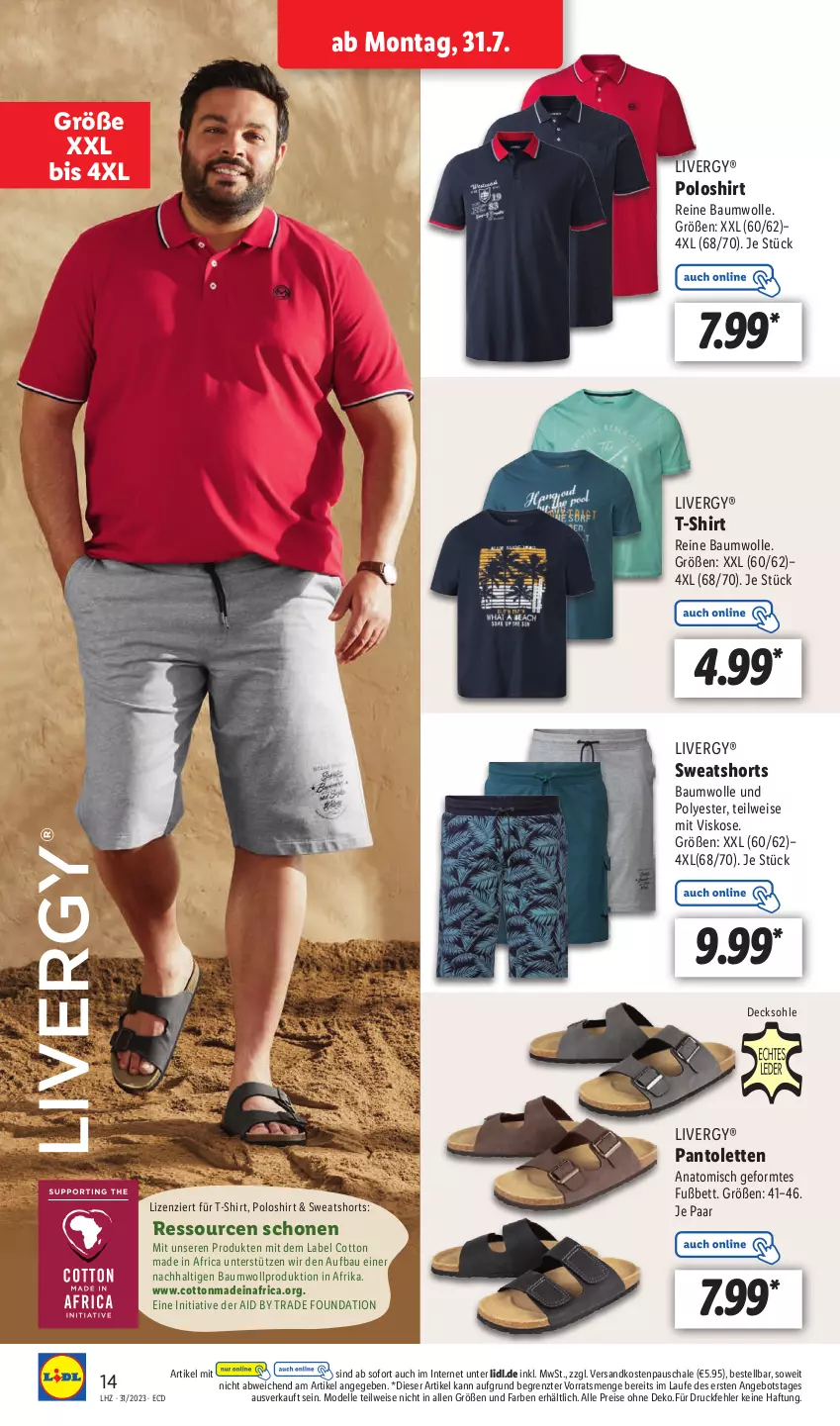 Aktueller Prospekt Lidl - Aktionsprospekt - von 31.07 bis 05.08.2023 - strona 16 - produkty: angebot, Bau, baumwolle, bett, decksohle, dell, eis, elle, livergy, Mode, ndk, pantolette, pantoletten, poloshirt, reine baumwolle, reis, Schal, Schale, shirt, shorts, sweatshorts, T-Shirt, Ti, wolle, ZTE