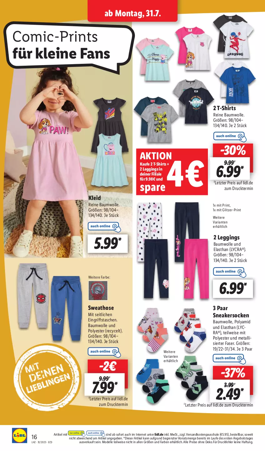 Aktueller Prospekt Lidl - Aktionsprospekt - von 31.07 bis 05.08.2023 - strona 18 - produkty: angebot, Bau, baumwolle, dell, eis, elle, gin, hose, kleid, leggings, leine, Mode, ndk, reine baumwolle, reis, Ria, Schal, Schale, shirt, shirts, sneaker, sneakersocken, socken, Sweathose, T-Shirt, Tasche, taschen, Ti, wolle, ZTE