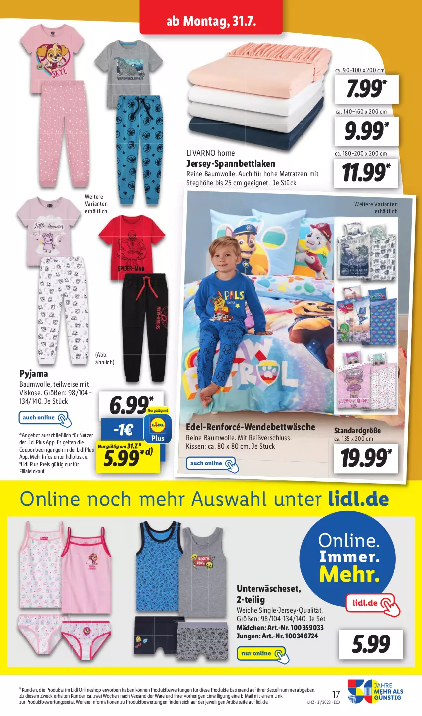 Aktueller Prospekt Lidl - Aktionsprospekt - von 31.07 bis 05.08.2023 - strona 19 - produkty: angebot, Bau, baumwolle, bett, bettwäsche, coupon, eis, kissen, matratze, matratzen, Pyjama, reine baumwolle, reis, Ria, spannbettlaken, Ti, Unterwäsche, weck, wendebettwäsche, wolle