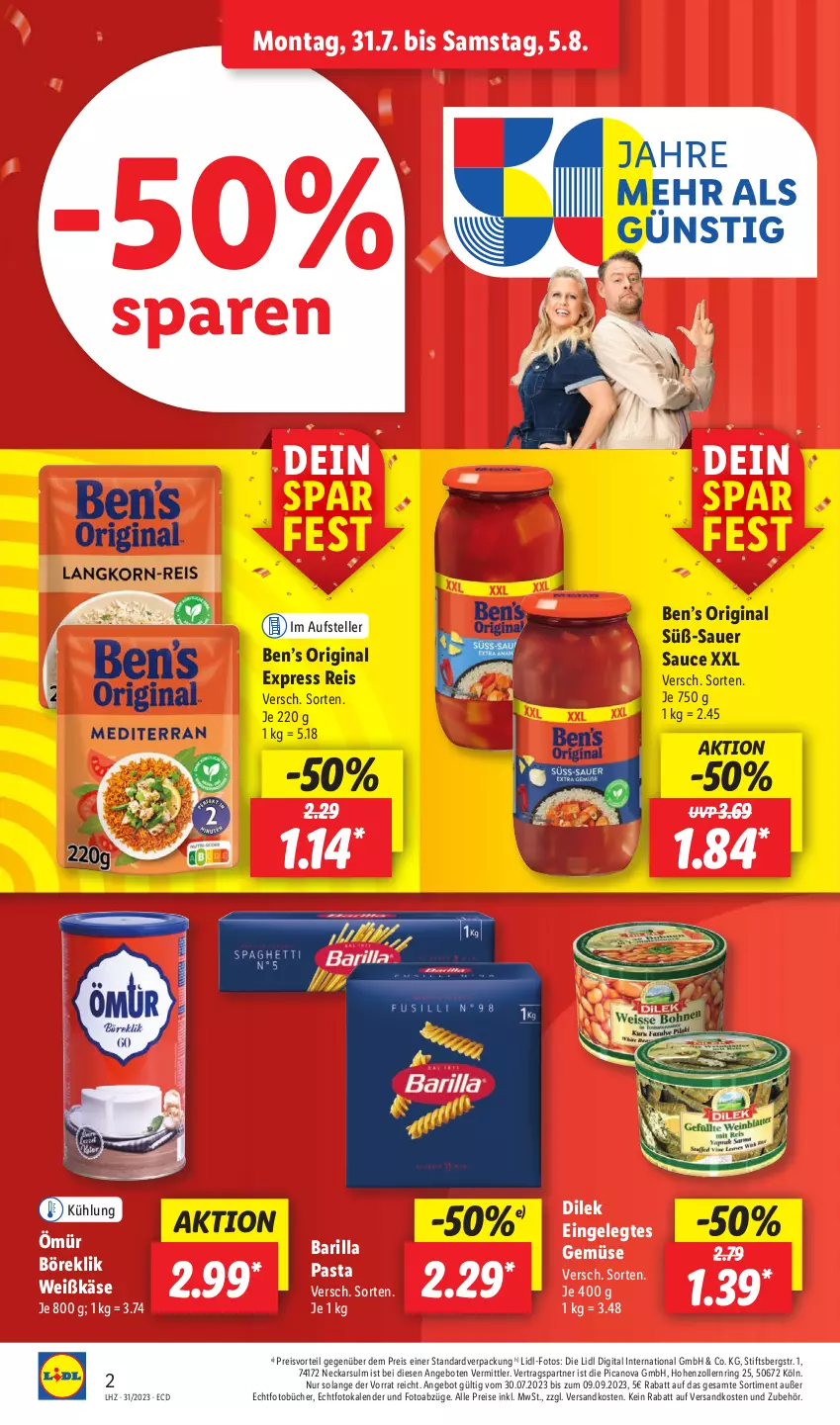 Aktueller Prospekt Lidl - Aktionsprospekt - von 31.07 bis 05.08.2023 - strona 2 - produkty: angebot, angebote, auer, barilla, Ben’s Original, eis, elle, Fotokalender, gin, Käse, ndk, pasta, preisvorteil, reis, ring, sauce, teller, Ti