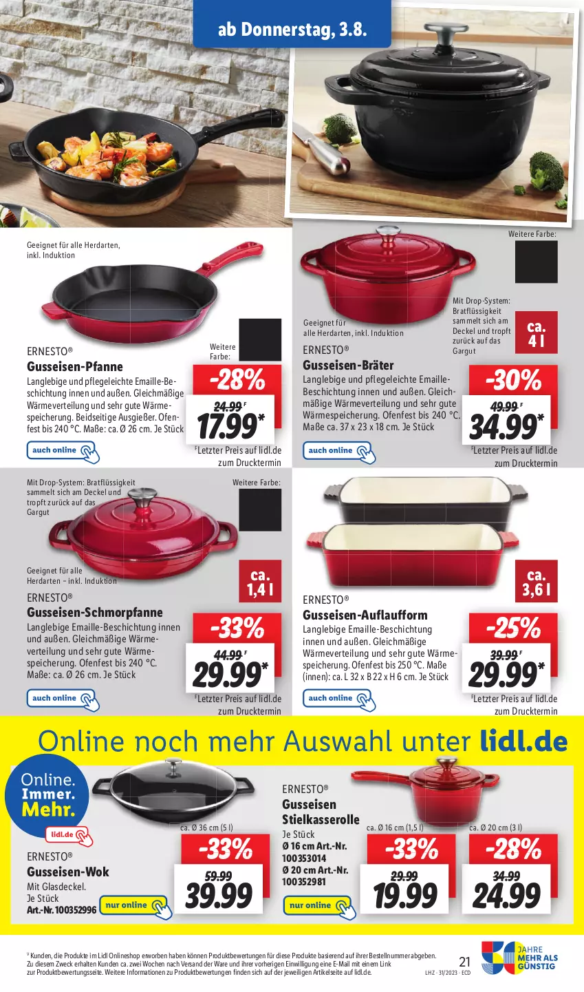 Aktueller Prospekt Lidl - Aktionsprospekt - von 31.07 bis 05.08.2023 - strona 25 - produkty: decke, Deckel, eis, ernesto, Glasdeckel, herdarten, maille, Ofen, pfanne, reis, schmorpfanne, stielkasserolle, Ti, weck, wok, ZTE