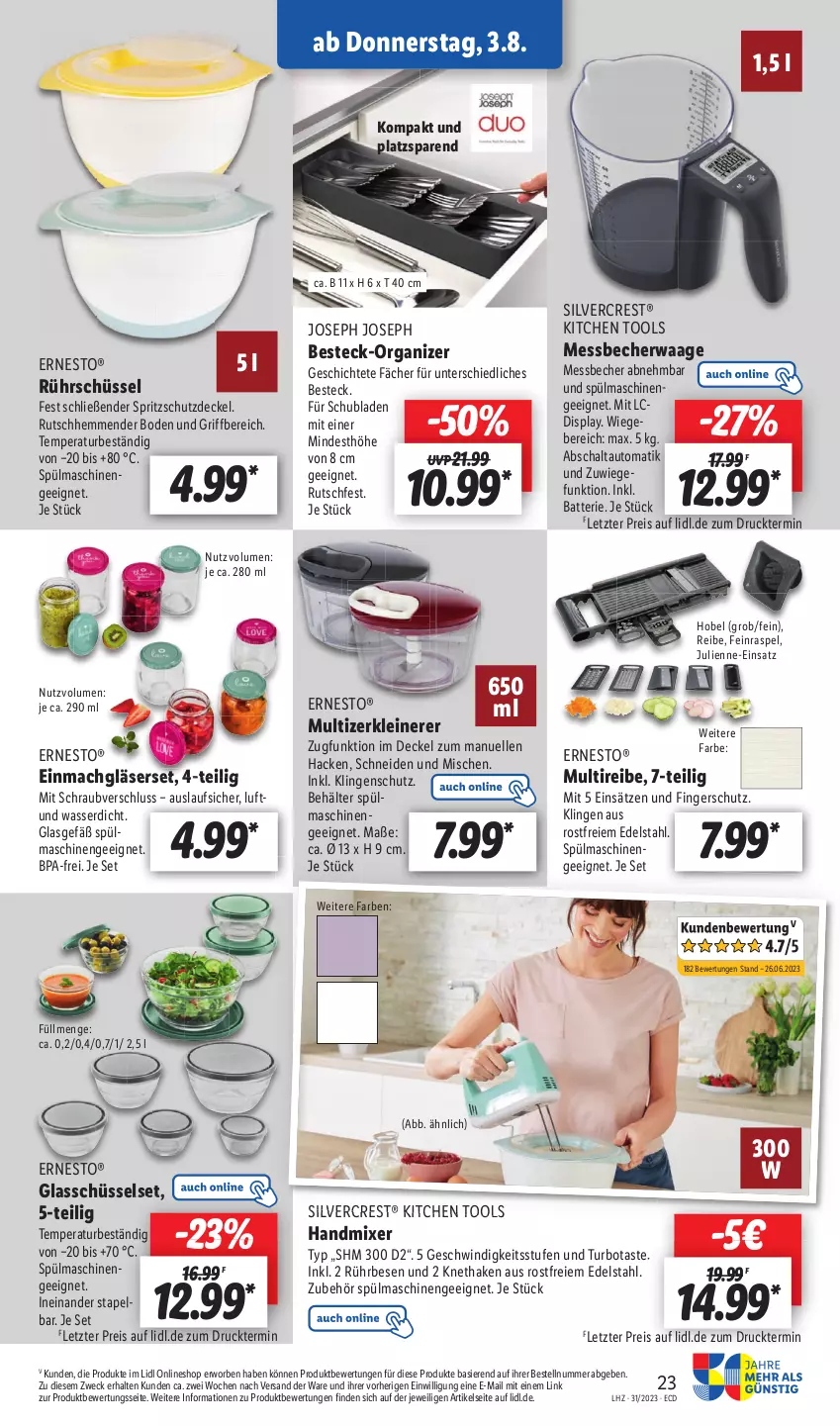 Aktueller Prospekt Lidl - Aktionsprospekt - von 31.07 bis 05.08.2023 - strona 27 - produkty: auto, batterie, Becher, Behälter, besteck, decke, Deckel, edelstahl, eis, elle, ernesto, Gläser, handmixer, leine, mac, Messbecher, Mixer, reis, Rührschüssel, Schal, schubladen, schüssel, silvercrest, Spritzschutz, spülmaschinen, Ti, Waage, wasser, weck, Zerkleinerer, ZTE