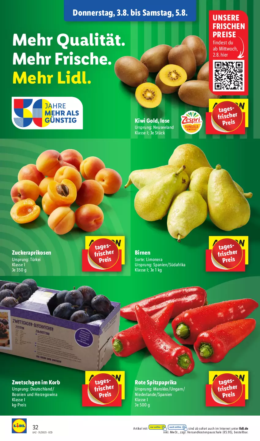 Aktueller Prospekt Lidl - Aktionsprospekt - von 31.07 bis 05.08.2023 - strona 46 - produkty: aprikose, aprikosen, Birnen, eis, Elan, kiwi, Kiwi Gold, korb, limo, ndk, paprika, reis, Schal, Schale, Spitzpaprika, Ti, zucker