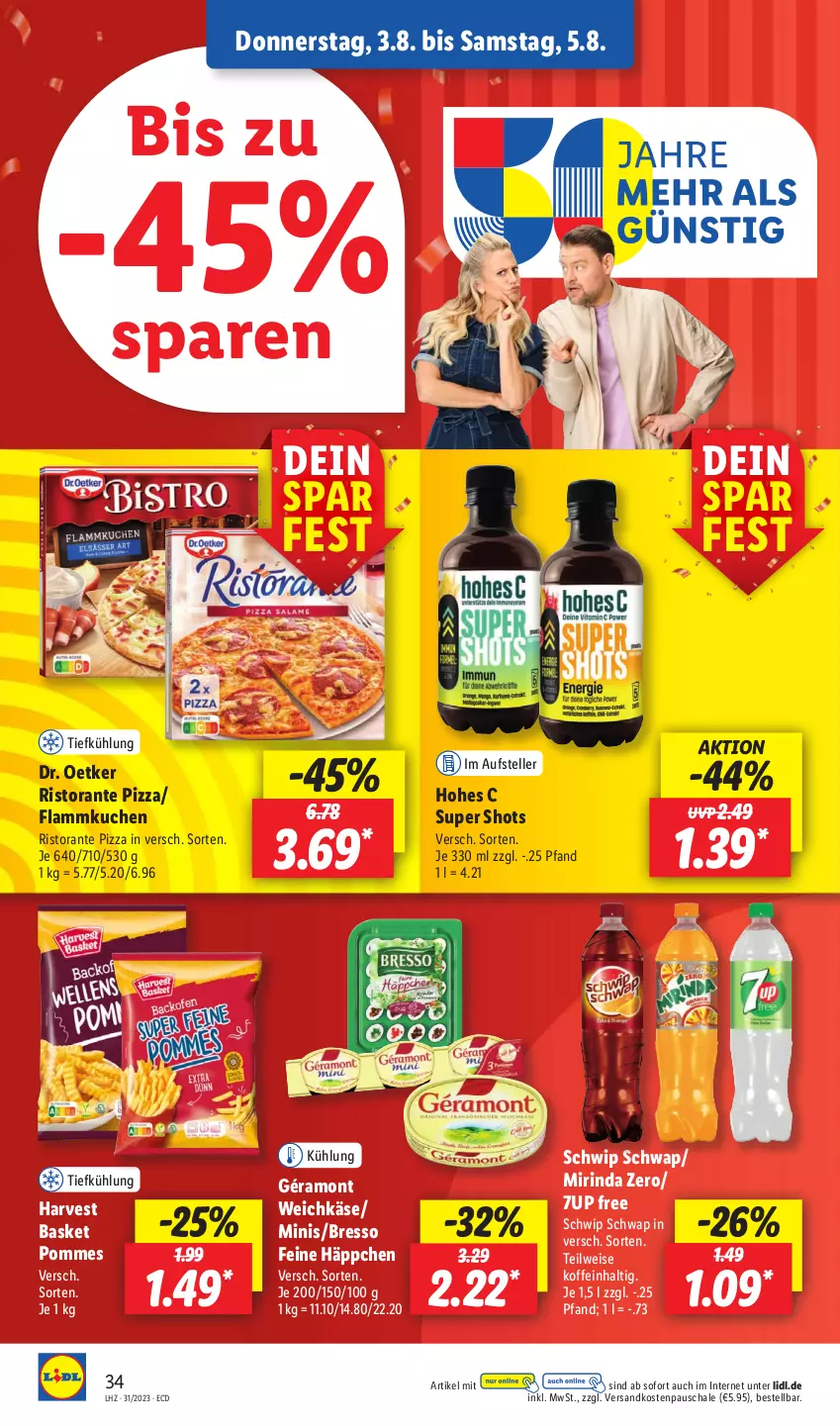 Aktueller Prospekt Lidl - Aktionsprospekt - von 31.07 bis 05.08.2023 - strona 48 - produkty: 7UP, bresso, Dr. Oetker, eis, elle, flammkuchen, géramont, Hohes C, Käse, kuchen, lamm, Mirinda, ndk, pizza, pommes, rind, ristorante, ristorante pizza, Schal, Schale, Schwip Schwap, teller, Ti, weichkäse