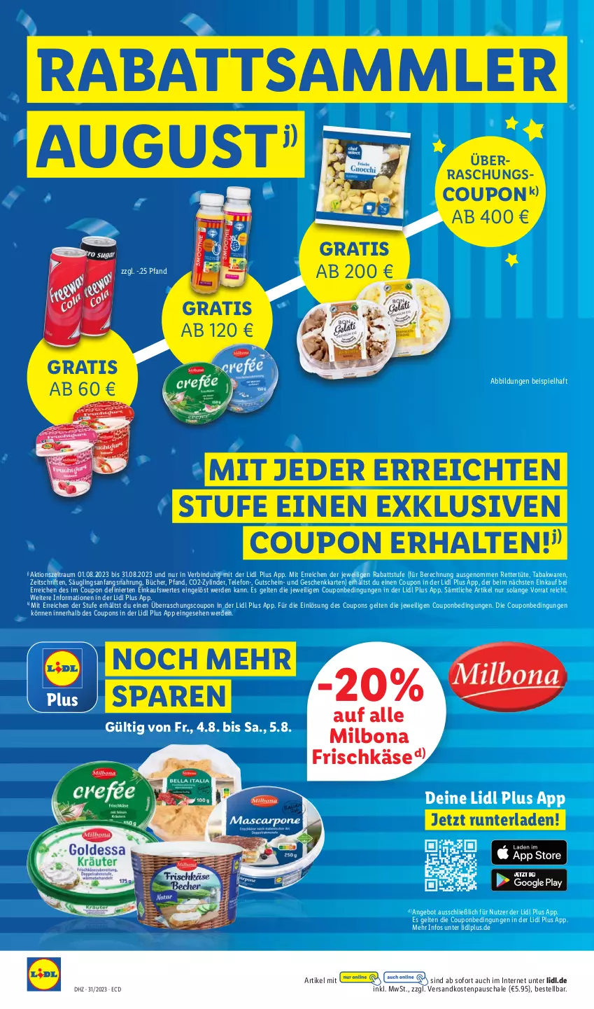 Aktueller Prospekt Lidl - Aktionsprospekt - von 31.07 bis 05.08.2023 - strona 6 - produkty: angebot, Bona, coupon, coupons, eis, erde, frischkäse, gutschein, Käse, Milbona, ndk, Schal, Schale, telefon, Ti, Tüte