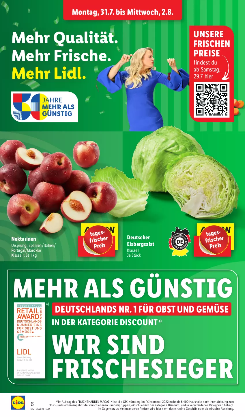 Aktueller Prospekt Lidl - Aktionsprospekt - von 31.07 bis 05.08.2023 - strona 8 - produkty: Abtei, angebot, discount, eis, eisbergsalat, ente, frucht, magazin, Nektar, nektarinen, obst, Obst und Gemüse, reis, salat, Ti, und gemüse