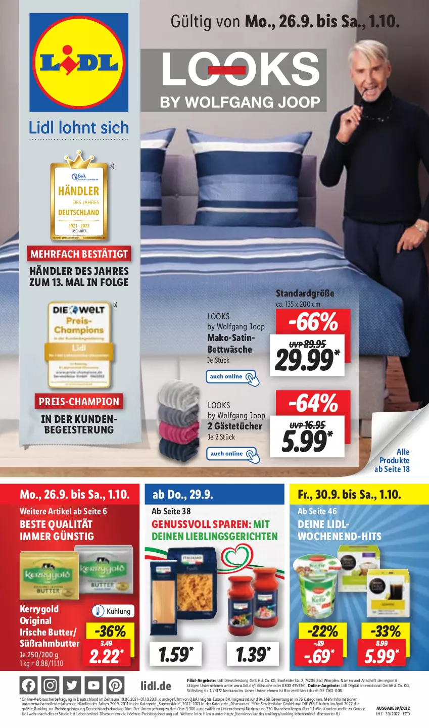 Aktueller Prospekt Lidl - Aktionsprospekt - von 26.09 bis 01.10.2022 - strona 1 - produkty: angebot, angebote, Bad, bett, bettwäsche, bio, butter, champion, discount, eis, erde, Gästetücher, gin, irische butter, kerrygold, lebensmittel, LG, Liege, nuss, pril, Rauch, reis, Süßrahmbutter, Ti, tücher