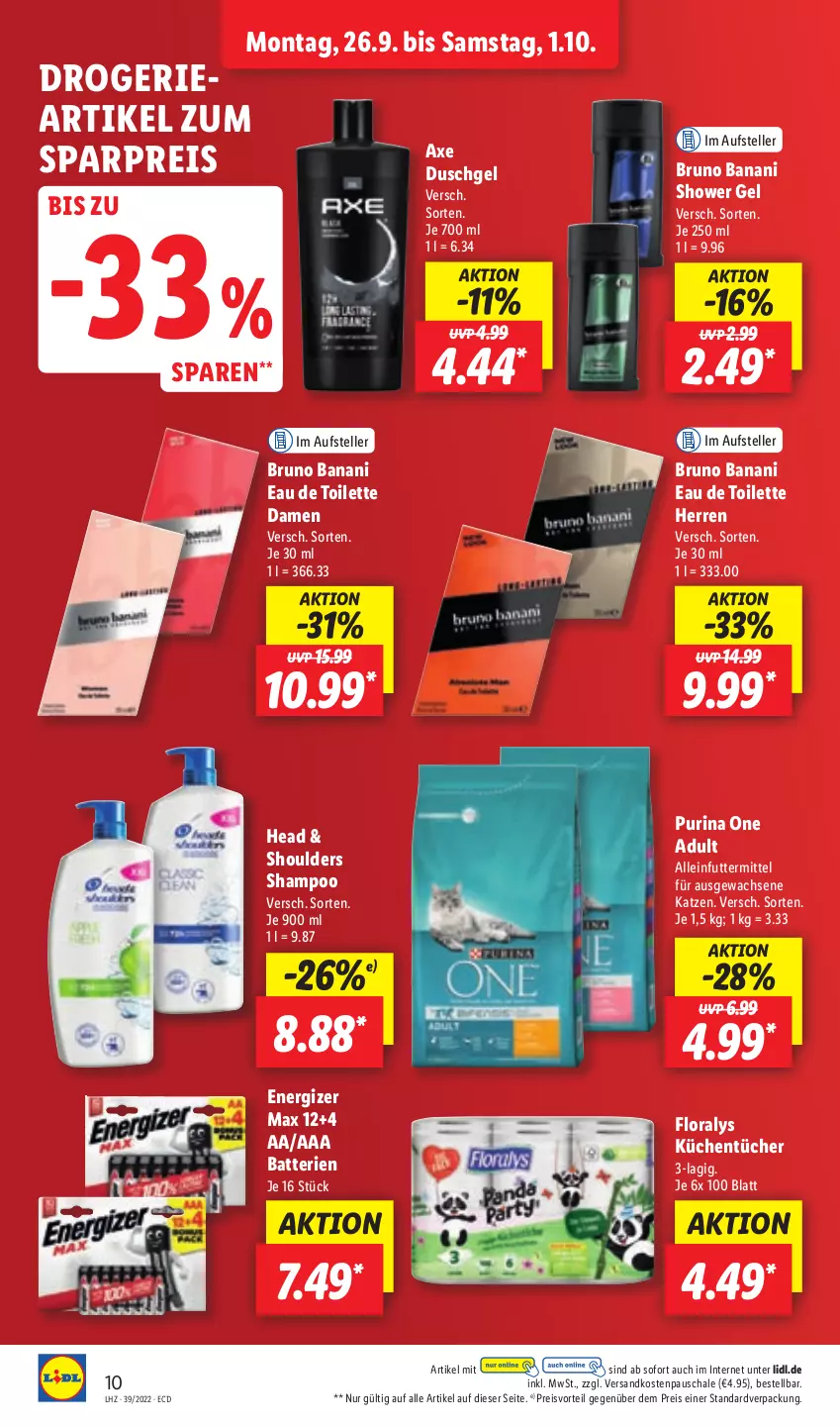 Aktueller Prospekt Lidl - Aktionsprospekt - von 26.09 bis 01.10.2022 - strona 10 - produkty: alleinfuttermittel, axe, axe duschgel, batterie, batterien, bruno banani, duschgel, eau de toilette, eis, elle, energizer, Floralys, küche, Küchen, küchentücher, ndk, preisvorteil, purina, reis, Schal, Schale, shampoo, teller, Ti, tücher