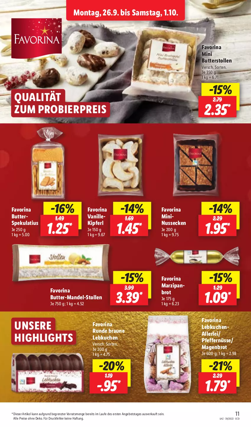 Aktueller Prospekt Lidl - Aktionsprospekt - von 26.09 bis 01.10.2022 - strona 11 - produkty: angebot, bier, braun, brot, butter, Butterspekulatius, eis, kuchen, Lebkuchen, mandel, marzipan, nuss, pfeffer, reis, Stollen, Ti, vanille, ZTE