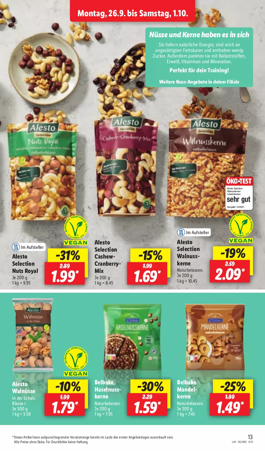 Aktueller Prospekt Lidl - Aktionsprospekt - von 26.09 bis 01.10.2022 - strona 13 - produkty: alesto, angebot, angebote, ball, Cashew, cranberry, eis, elle, erde, haselnuss, mandel, natur, nuss, reis, Schal, Schale, teller, Ti, vita, Vitamine, walnuss, walnusskerne, ZTE, zucker