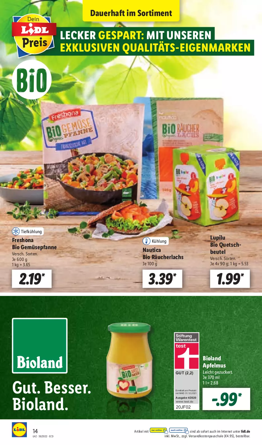 Aktueller Prospekt Lidl - Aktionsprospekt - von 26.09 bis 01.10.2022 - strona 14 - produkty: apfel, apfelmus, auer, beutel, bio, bio gemüse, bioland, lachs, lupilu, ndk, pfanne, quetschbeutel, Räucherlachs, Schal, Schale, Ti, zucker