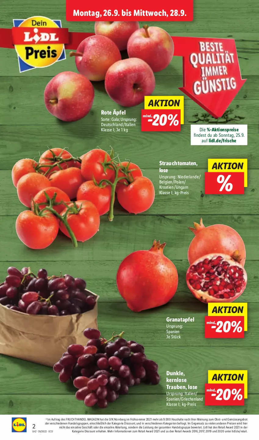 Aktueller Prospekt Lidl - Aktionsprospekt - von 26.09 bis 01.10.2022 - strona 2 - produkty: Abtei, aktionspreis, angebot, apfel, discount, eis, frucht, grana, granatapfel, LG, magazin, obst, Rana, Rauch, reis, strauchtomaten, Ti, tomate, tomaten, trauben, und gemüse