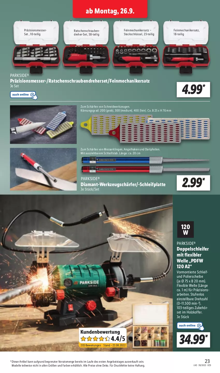 Aktueller Prospekt Lidl - Aktionsprospekt - von 26.09 bis 01.10.2022 - strona 23 - produkty: angebot, dell, eis, elle, Holz, koffer, latte, messer, Messerset, Mode, Nike, Parkside, reis, schrauben, Schraubendreher, Ti, werkzeug, werkzeuge, ZTE