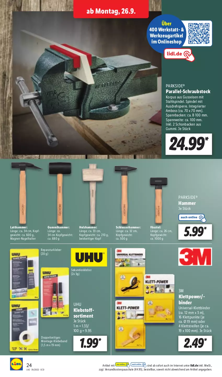 Aktueller Prospekt Lidl - Aktionsprospekt - von 26.09 bis 01.10.2022 - strona 24 - produkty: Beba, boss, eis, Holz, kleber, ndk, Parkside, reifen, Schal, Schale, Ti, uhu, Universal-Klettbinder, werkzeug