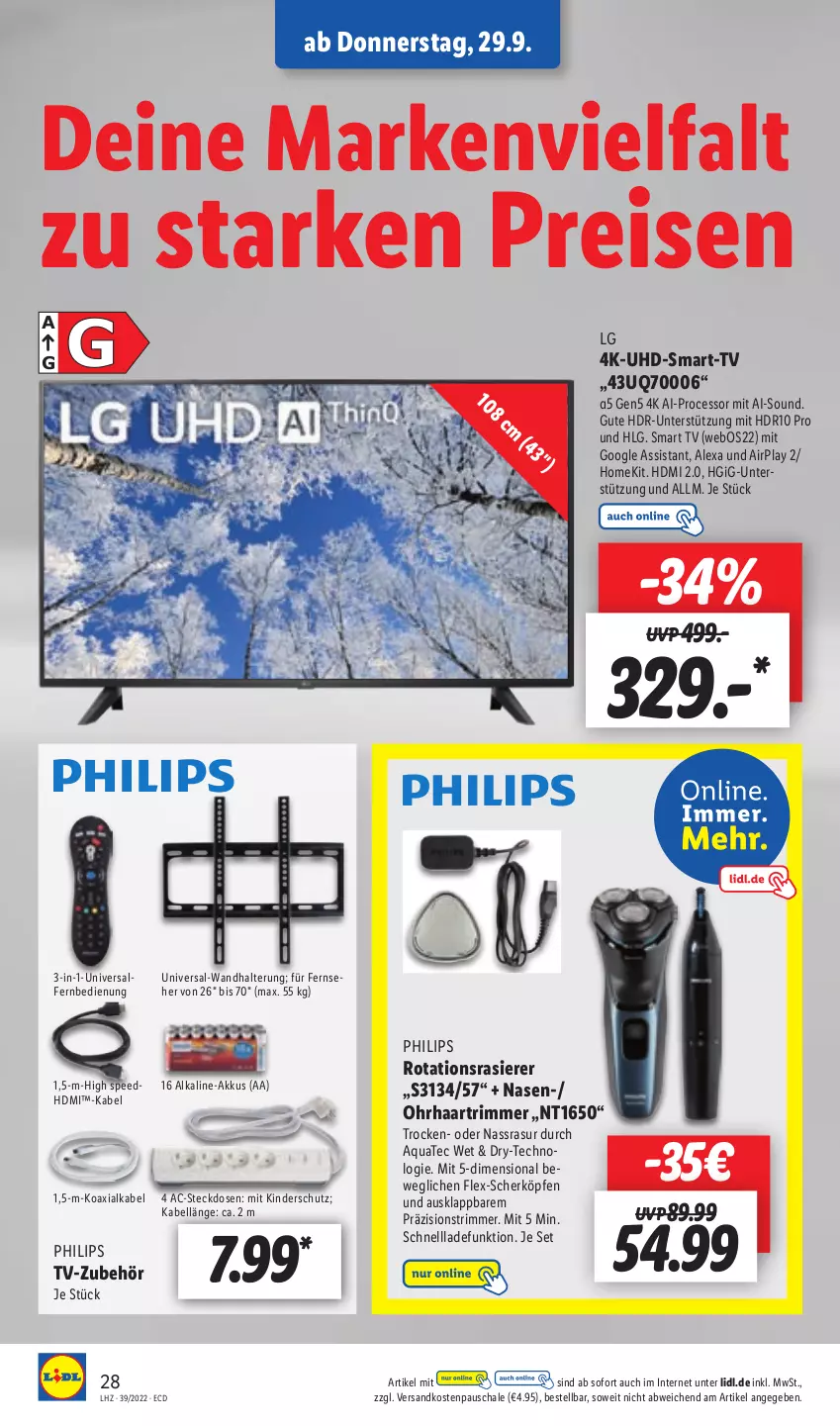 Aktueller Prospekt Lidl - Aktionsprospekt - von 26.09 bis 01.10.2022 - strona 28 - produkty: akku, alexa, aqua, eis, fernbedienung, fernseher, HDMI, Kinder, LG, ndk, Philips, rasierer, reis, Schal, Schale, schnellladefunktion, smart tv, spee, steckdose, Ti, uhd, wandhalterung