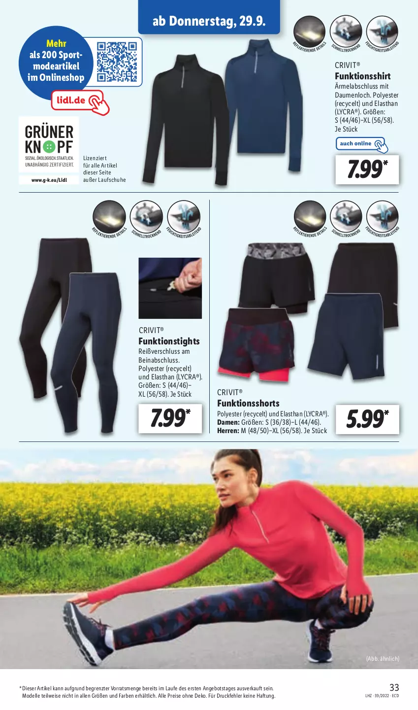 Aktueller Prospekt Lidl - Aktionsprospekt - von 26.09 bis 01.10.2022 - strona 33 - produkty: angebot, crivit, dell, eis, elle, funktionsshirt, Laufschuhe, Mode, reis, schuhe, shirt, shorts, Sport, Ti, ZTE