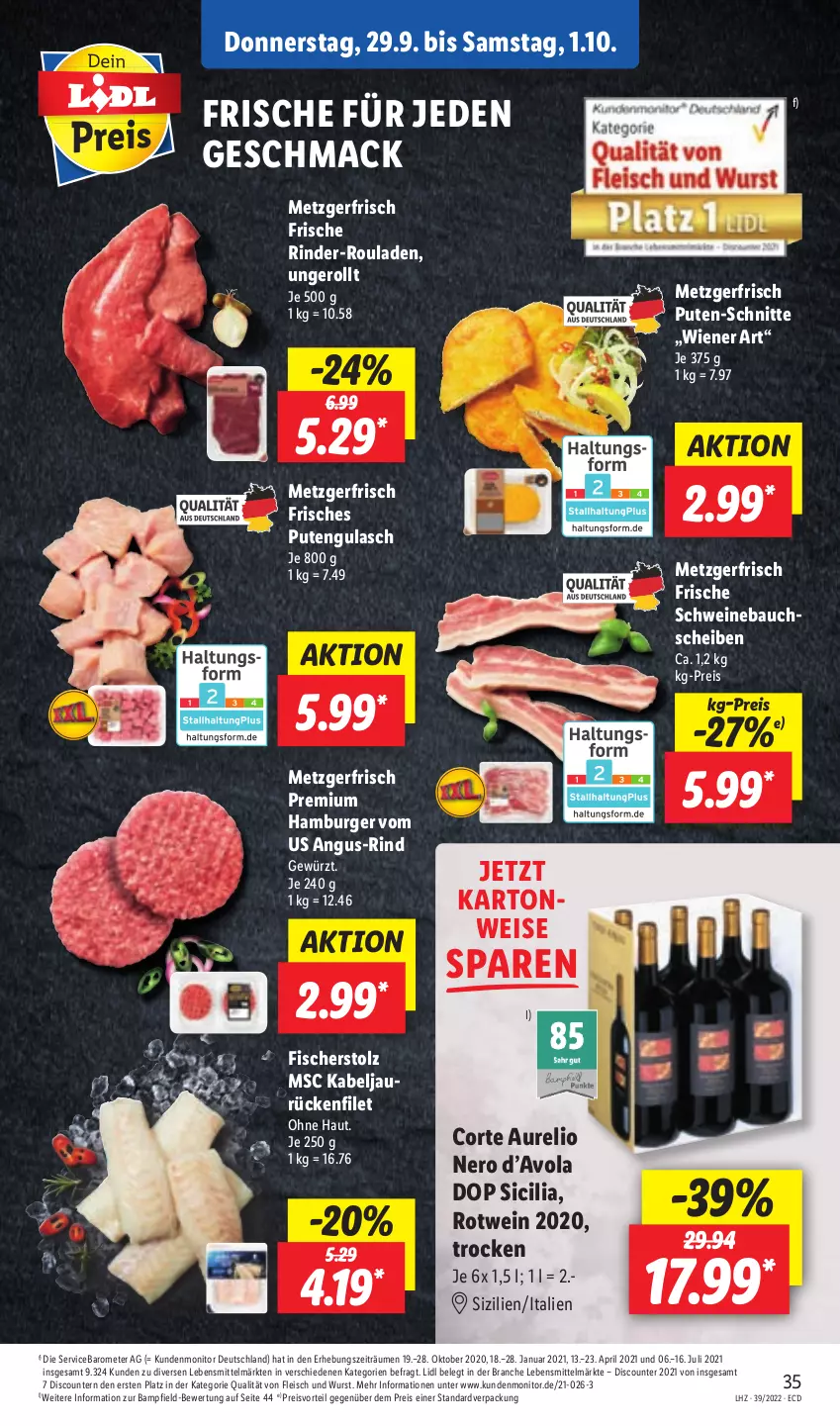 Aktueller Prospekt Lidl - Aktionsprospekt - von 26.09 bis 01.10.2022 - strona 35 - produkty: Bau, bauchscheiben, burger, discount, eis, filet, fisch, fische, Fischer, fleisch, gewürz, gulasch, hamburger, lebensmittel, mac, monitor, nero, preisvorteil, pril, pute, reis, rel, rind, rinder, rinder-rouladen, rotwein, rouladen, schwein, schweine, Schweinebauch, schweinebauchscheiben, Ti, wein, weine, wiener, wurst