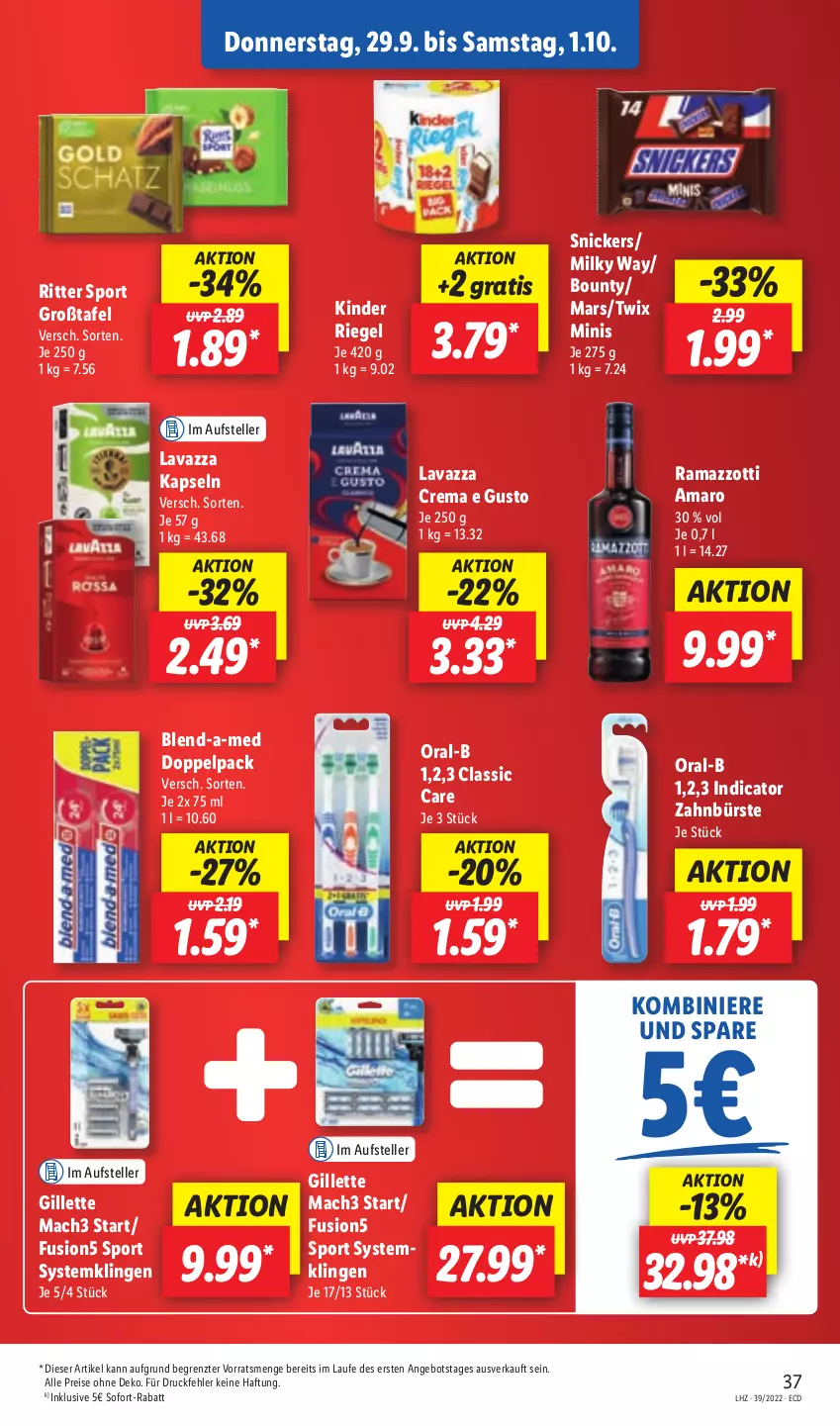 Aktueller Prospekt Lidl - Aktionsprospekt - von 26.09 bis 01.10.2022 - strona 37 - produkty: amaro, angebot, blend-a-med, bounty, bürste, eis, elle, fusion5, gillette, Kinder, kinder riegel, lavazza, mac, mach3, mars, milky way, oral-b, rama, ramazzott, ramazzotti, reis, riegel, ritter, ritter sport, snickers, sofort-rabatt, Sport, Systemklingen, teller, Ti, twix, zahnbürste, zott, ZTE