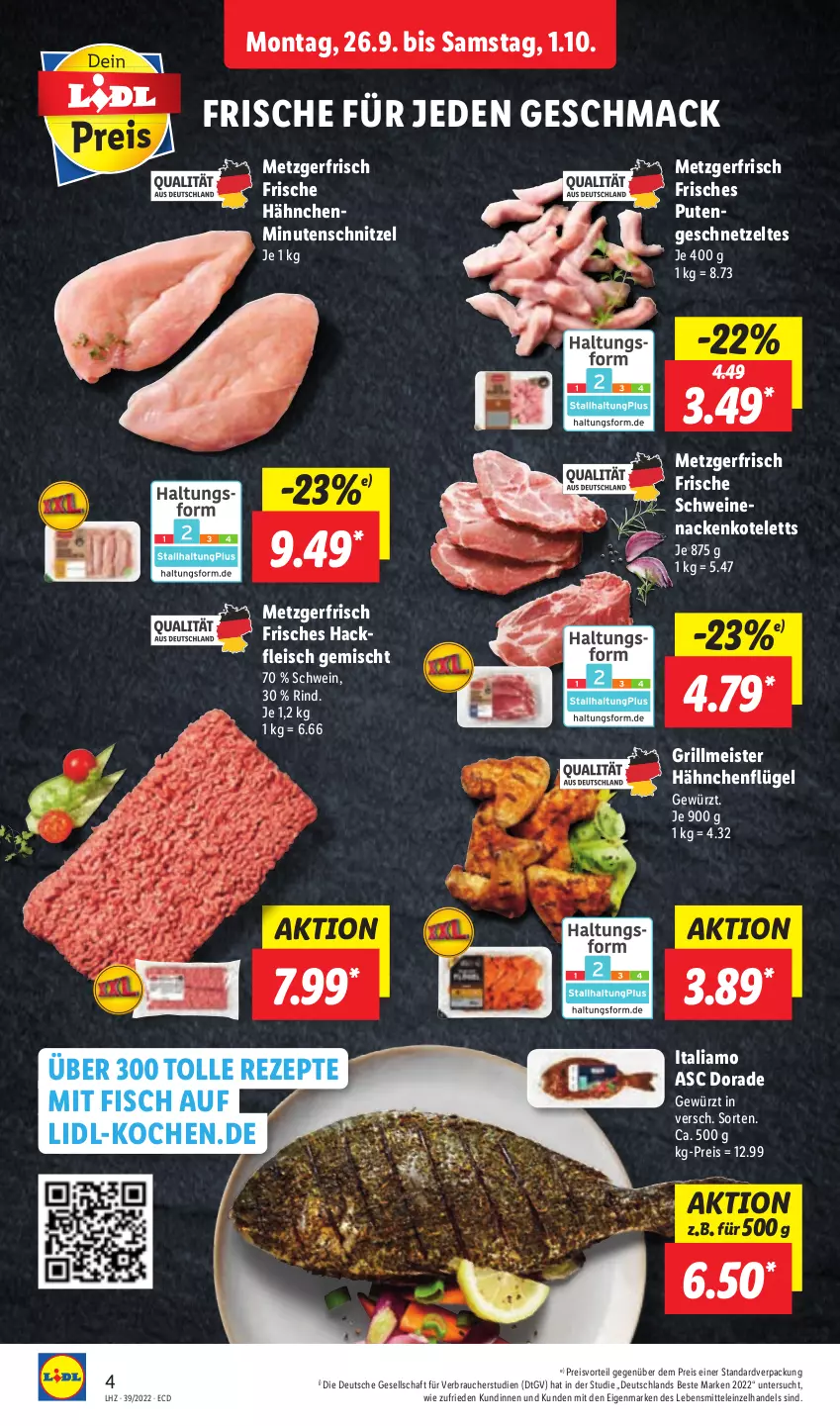 Aktueller Prospekt Lidl - Aktionsprospekt - von 26.09 bis 01.10.2022 - strona 4 - produkty: Dorade, eis, fisch, fleisch, Frische Hähnchen, geschnetzeltes, gewürz, grill, hähnchenflügel, italiamo, kotelett, lebensmittel, mac, Meister, minutenschnitzel, nackenkoteletts, preisvorteil, pute, Rauch, reis, rezept, rezepte, rind, schnitzel, schwein, schweine, Ti, wein, weine, Zelt