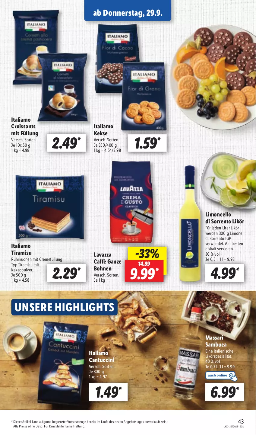 Aktueller Prospekt Lidl - Aktionsprospekt - von 26.09 bis 01.10.2022 - strona 43 - produkty: angebot, bohne, bohnen, cantuccini, cin, creme, Croissant, croissants, eis, erde, italiamo, kakao, keks, kekse, kuchen, lavazza, likör, limo, reis, rwe, sambuca, Spezi, Ti, tiramisu, tuc, ZTE