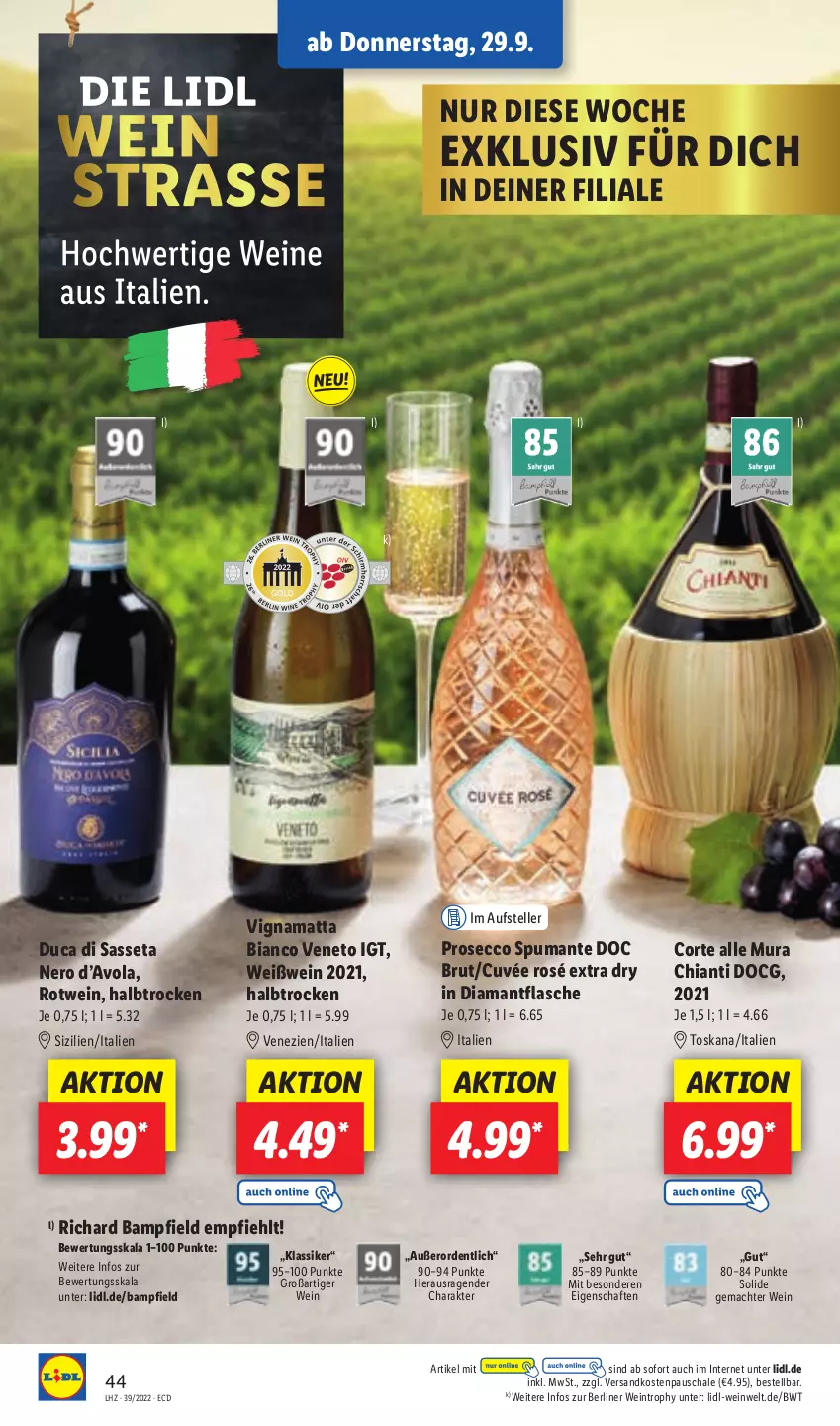 Aktueller Prospekt Lidl - Aktionsprospekt - von 26.09 bis 01.10.2022 - strona 44 - produkty: berliner, brut, chia, chianti, cuvée, ecco, elle, flasche, mac, ndk, nero, prosecco, puma, rotwein, Schal, Schale, spumante, teller, Ti, wein, Weißwein