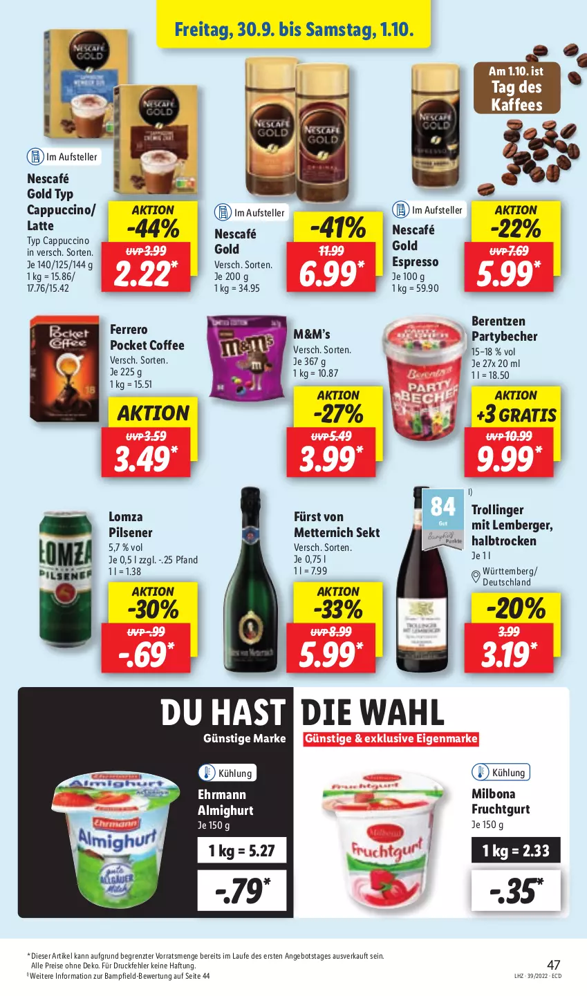 Aktueller Prospekt Lidl - Aktionsprospekt - von 26.09 bis 01.10.2022 - strona 47 - produkty: almighur, almighurt, angebot, Becher, berentzen, Berger, Bona, Cap, cappuccino, cin, ehrmann, ehrmann almighurt, eis, elle, espresso, ferrero, frucht, Fruchtgurt, fürst von metternich, kaffee, latte, Mett, metternich, Milbona, Nescafé, nescafé gold, pils, pilsener, reis, sekt, teller, Ti, trolli, trollinger, ZTE