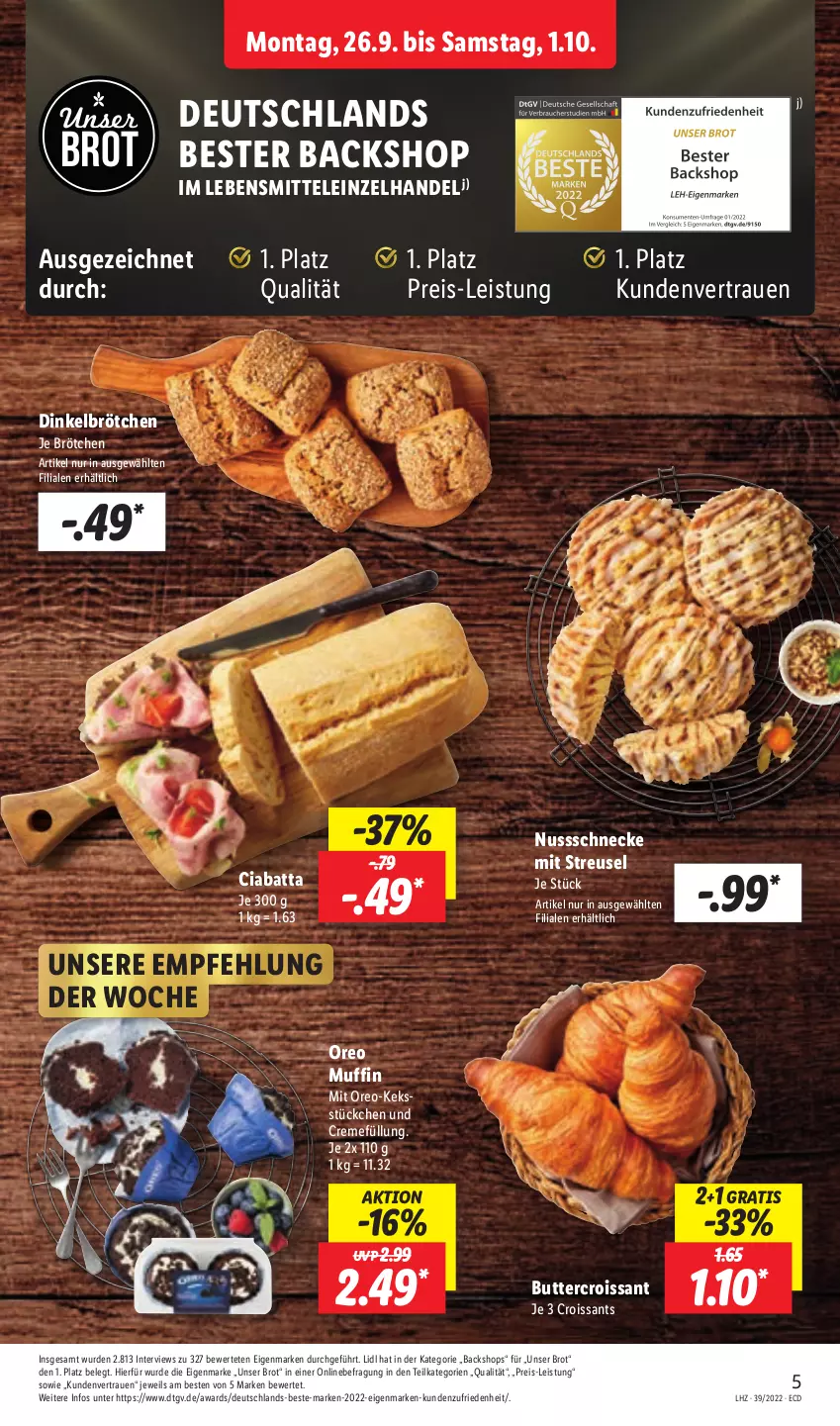 Aktueller Prospekt Lidl - Aktionsprospekt - von 26.09 bis 01.10.2022 - strona 5 - produkty: brot, brötchen, butter, ciabatta, creme, Croissant, croissants, dinkelbrötchen, eis, keks, lebensmittel, Muffin, nuss, Nussschnecke, oreo, reis, Ti