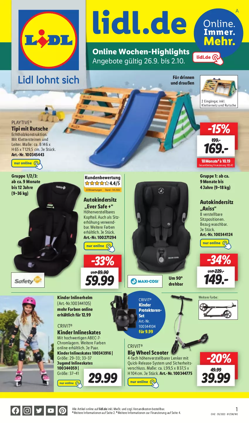 Aktueller Prospekt Lidl - Aktionsprospekt - von 26.09 bis 01.10.2022 - strona 51 - produkty: angebot, angebote, auto, crivit, Holz, Kinder, Kindersitz, ndk, rel, rwe, scooter, Sitzerhöhung, Ti, Tipi