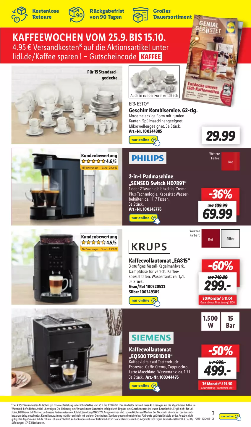 Aktueller Prospekt Lidl - Aktionsprospekt - von 26.09 bis 01.10.2022 - strona 53 - produkty: ACC, angebot, angebote, auer, auto, Behälter, caffè crema, Cap, cappuccino, chia, cin, decke, eis, elle, ernesto, espresso, geschirr, gutschein, gutscheine, kaffee, kaffeespezialitäten, kaffeevollautomat, Kombiservice, korb, latte, latte macchiato, LG, mac, macchiato, mikrowelle, Mode, ndk, reis, senseo, Spezi, spülmaschinen, tasse, Ti, wasser, wassertank, ZTE