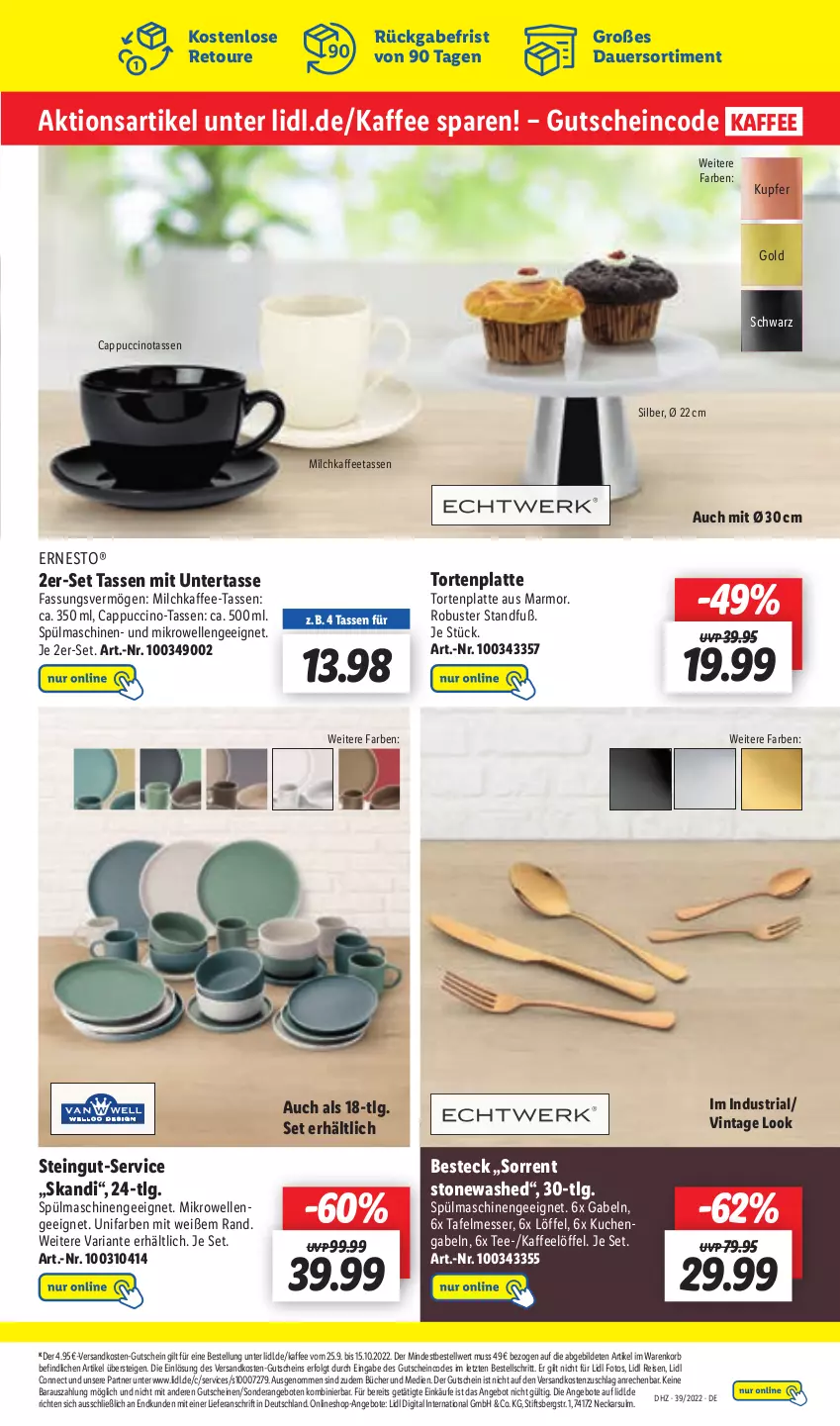 Aktueller Prospekt Lidl - Aktionsprospekt - von 26.09 bis 01.10.2022 - strona 55 - produkty: angebot, angebote, auer, besteck, Cap, cappuccino, cin, eis, elle, ernesto, gabel, gutschein, gutscheine, kaffee, Kaffeetassen, korb, kuchen, latte, LG, Löffel, messer, mikrowelle, milch, Milchkaffeetassen, ndk, reis, Ria, spülmaschinen, tasse, tee, Ti, torte, ZTE