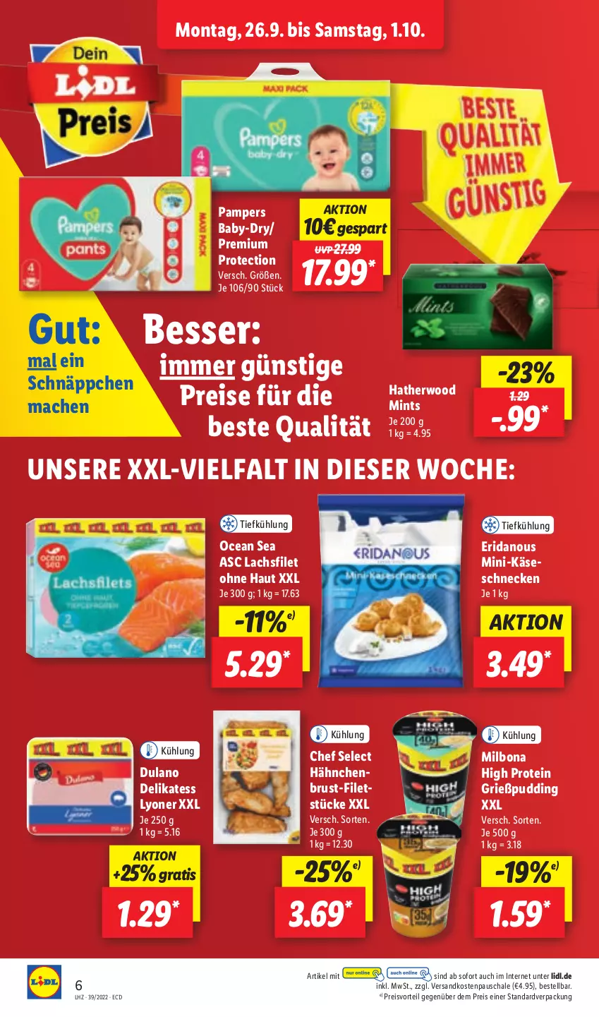 Aktueller Prospekt Lidl - Aktionsprospekt - von 26.09 bis 01.10.2022 - strona 6 - produkty: baby-dry, Bona, dulano, eis, filet, filets, Grießpudding, hähnchenbrust, Käse, Käseschnecke, lachs, lachsfilet, lyoner, mac, Milbona, mint, ndk, pampers, preisvorteil, pudding, reis, Schal, Schale, schnäppchen, Ti, Yo