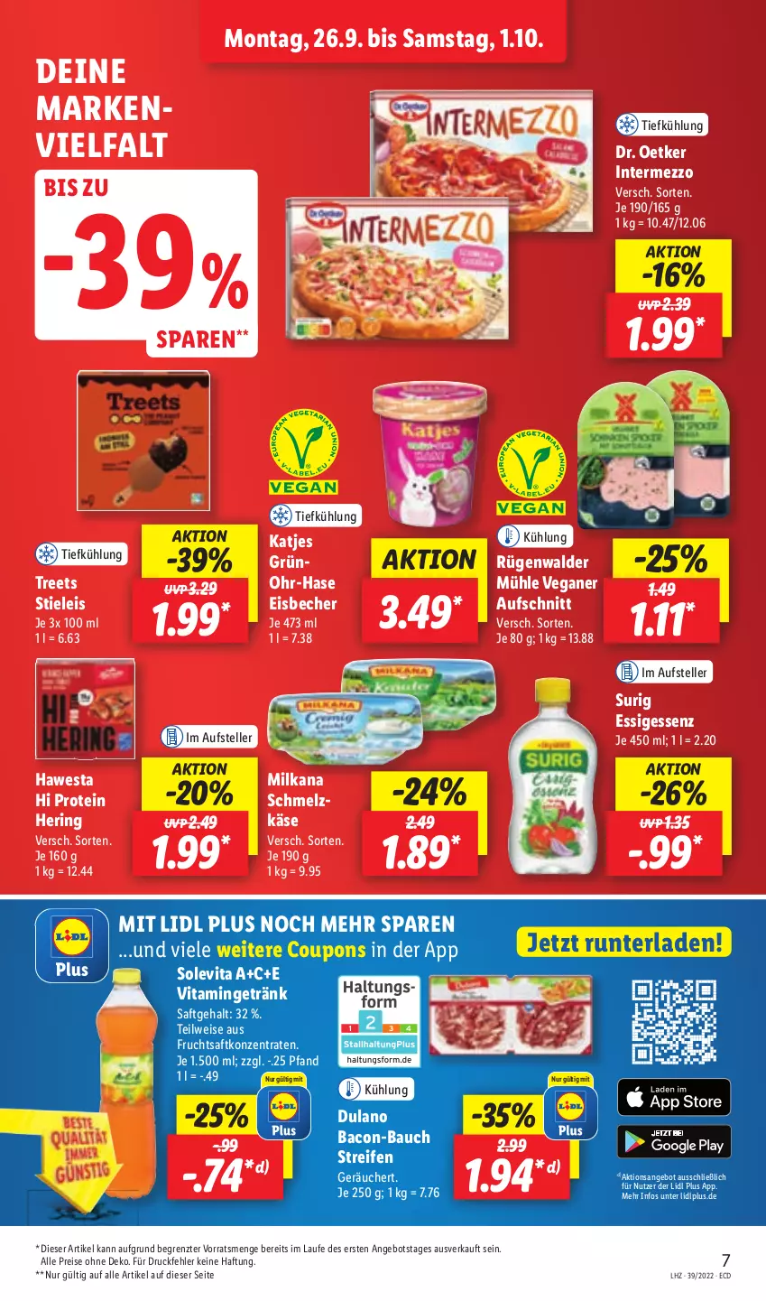 Aktueller Prospekt Lidl - Aktionsprospekt - von 26.09 bis 01.10.2022 - strona 7 - produkty: angebot, aufschnitt, bacon, Bau, Becher, coupon, coupons, Dr. Oetker, dulano, eis, eisbecher, elle, essig, frucht, fruchtsaft, getränk, hawesta, hering, intermezzo, Käse, katjes, milka, milkana, reifen, reis, ring, rügenwalder, rügenwalder mühle, saft, Schmelzkäse, stieleis, teller, Ti, vita, ZTE