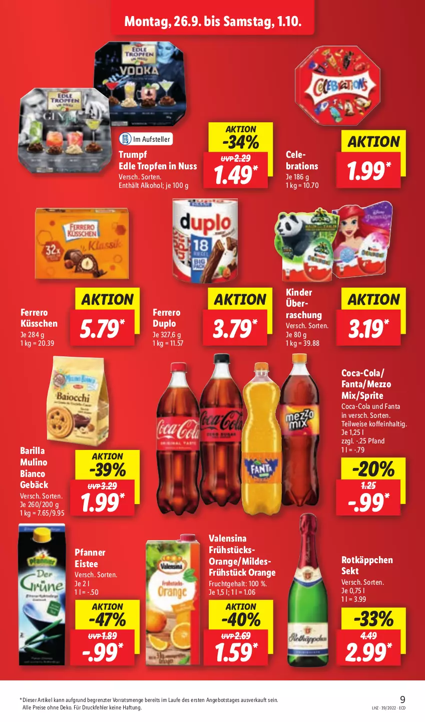 Aktueller Prospekt Lidl - Aktionsprospekt - von 26.09 bis 01.10.2022 - strona 9 - produkty: alkohol, angebot, barilla, coca-cola, cola, duplo, eis, eistee, elle, fanta, ferrero, Ferrero Küsschen, frucht, Kinder, Mezzo Mix, nuss, orange, pfanne, Pfanner, reis, rotkäppchen, rum, sekt, sprite, tee, teller, Ti, valensina, ZTE