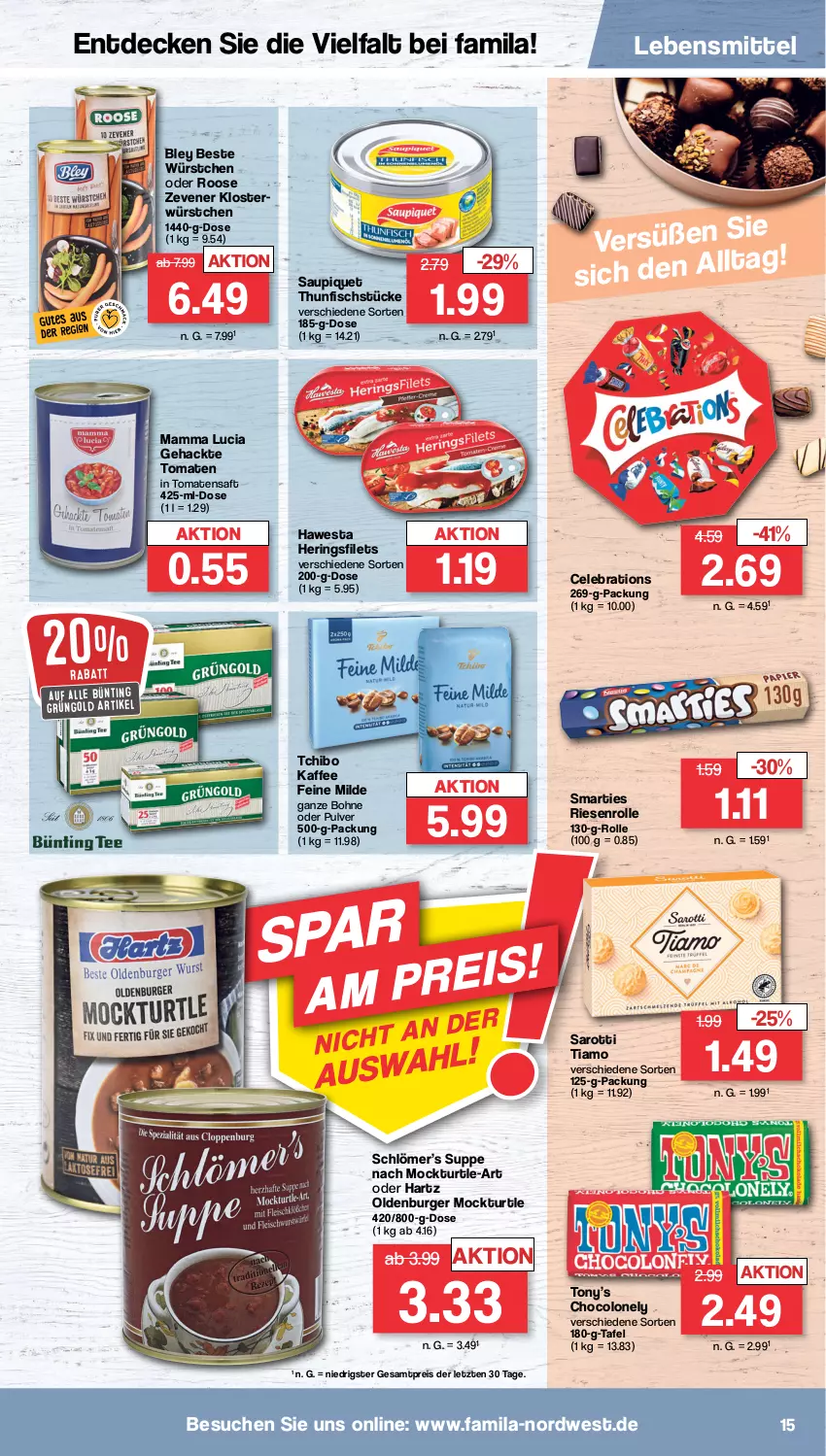 Aktueller Prospekt Famila - Prospekte - von 06.02 bis 11.02.2023 - strona 15 - produkty: bley, bohne, burger, decke, eis, filet, filets, fisch, hawesta, hering, Herings, heringsfilets, kaffee, lebensmittel, mam, reis, ring, saft, saro, sarotti, saupiquet, smarties, suppe, Tchibo, thunfisch, Ti, tomate, tomaten, Tomatensaft, würstchen, ZTE