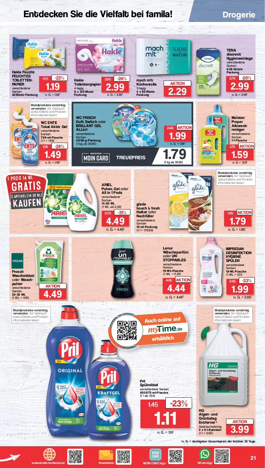 Aktueller Prospekt Famila - Prospekte - von 06.02 bis 11.02.2023 - strona 21 - produkty: aktiv gel, ariel, bio, biozidprodukte, decke, Desinfektion, Discreet, eis, ente, flasche, Frosch, Glade, hakle, hakle toilettenpapier, küche, Küchen, küchenrolle, lenor, LG, mac, Meister, meister proper, papier, Pods, pril, Rauch, reiniger, reis, resa, rwe, spülmittel, Ti, toilettenpapier, wäscheparfüm, waschmittel, wc ente, wc frisch, weck, ZTE