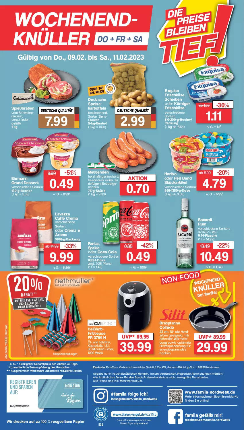 Aktueller Prospekt Famila - Prospekte - von 06.02 bis 11.02.2023 - strona 28 - produkty: auer, ball, Becher, beispielabbildung, beutel, braten, bratpfanne, caffè crema, coca-cola, cola, dessert, drucker, ehrmann, Ehrmann Grand Dessert, eintopf, eis, elle, Engel, exquisa, exquisa frischkäse, fanta, flasche, frischkäse, fritteuse, haribo, Heißluftfritteuse, kartoffel, kartoffeln, Käse, kerze, Körniger Frischkäse, lavazza, LG, Mett, metten, Mettenden, Müller, ndk, papier, pfanne, Rauch, regal, reis, rum, rwe, schwein, schweine, sprite, teller, Ti, timer, topf, wein, weine, ZTE