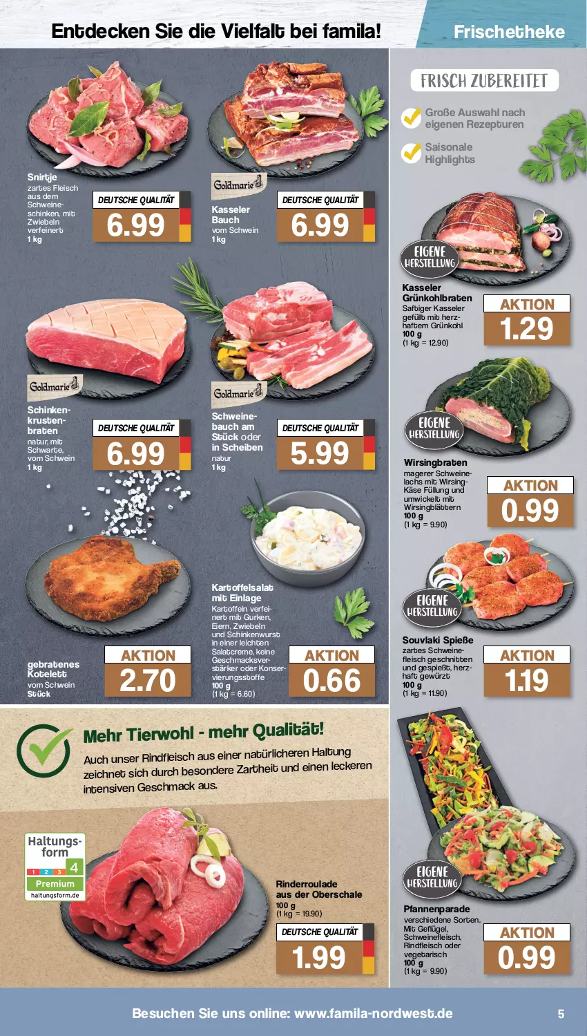 Aktueller Prospekt Famila - Prospekte - von 06.02 bis 11.02.2023 - strona 5 - produkty: Bau, braten, creme, decke, eier, eis, fleisch, Geflügel, gewürz, gurke, gurken, kartoffel, kartoffeln, kartoffelsalat, Käse, kasseler, kotelett, krustenbraten, lachs, mac, mit zwiebeln, natur, pfanne, pfannen, rezept, rind, rinder, Rinderroulade, rindfleisch, saft, salat, salatcreme, Schal, Schale, schinken, schinkenwurst, schnitten, schwein, schweine, Schweinebauch, schweinefleisch, Ti, Vegeta, wein, weine, WICK, Wirsing, wurst, zwiebel, zwiebeln