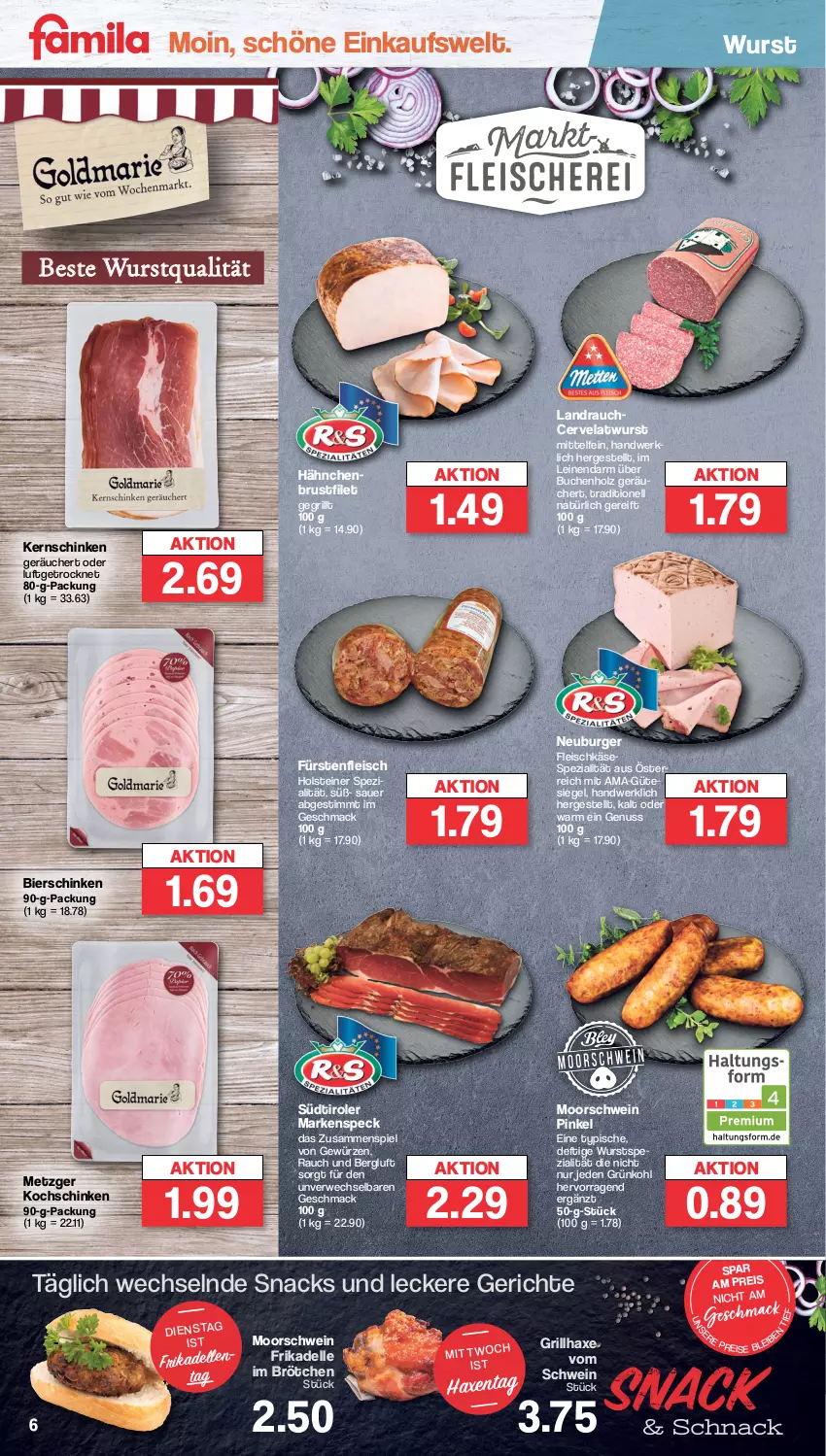 Aktueller Prospekt Famila - Prospekte - von 06.02 bis 11.02.2023 - strona 6 - produkty: auer, axe, bier, bierschinken, brötchen, brustfilet, buch, burger, dell, eis, elle, filet, fleisch, fleischkäse, frikadellen, gewürz, grill, grillhaxe, Haxe, holsteiner, Holz, Käse, kernschinken, kochschinken, leine, mac, Neuburger, nuss, Rauch, rwe, schinken, schwein, snack, snacks, Speck, Spezi, steiner, südtiroler, Ti, wein, wurst