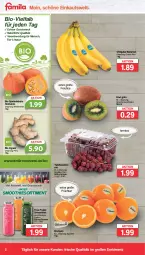 Gazetka promocyjna Famila - Prospekte - Gazetka - ważna od 11.02 do 11.02.2023 - strona 2 - produkty: banane, bananen, bio, chiquita, eis, flasche, früchte, ingwer, kiwi, Kürbis, mac, natur, orange, orangen, Schal, Schale, smoothie, smoothies, tafeltrauben, Ti, trauben, true fruits