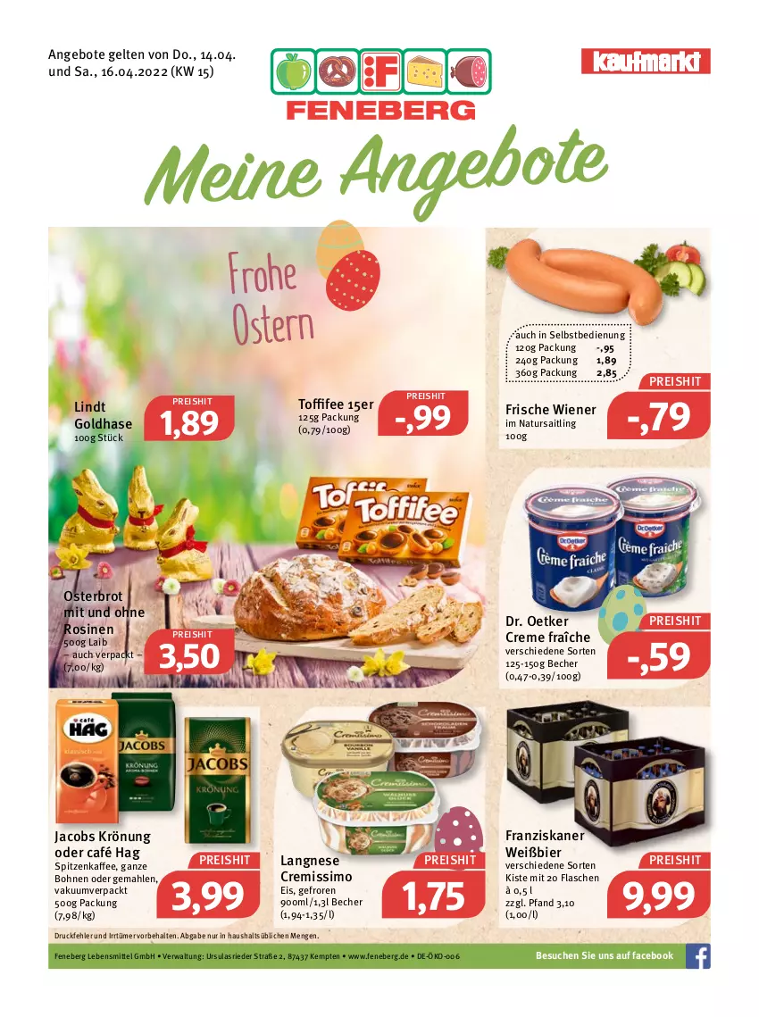 Aktueller Prospekt Feneberg - Prospekte - von 14.04 bis 16.04.2022 - strona 1 - produkty: angebot, angebote, Becher, bier, bohne, bohnen, brot, creme, cremissimo, Dr. Oetker, eis, flasche, franziskaner, jacobs, jacobs krönung, kaffee, langnese, langnese cremissimo, lebensmittel, lindt, natur, reis, sim, toffifee, wiener