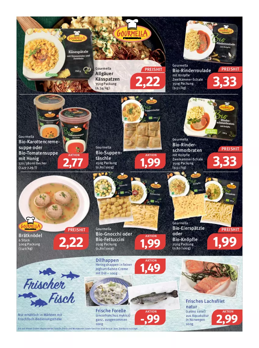 Aktueller Prospekt Feneberg - Prospekte - von 14.04 bis 16.04.2022 - strona 3 - produkty: aqua, Becher, bio, bio-karotten, braten, cin, creme, cremesuppe, eier, eierspätzle, eis, elle, filet, fisch, fleisch, forelle, frischfisch, garnier, gnocchi, hering, Herings, Heringshappen, honig, joghur, joghurt, karotten, Knödel, lachs, lachsfilet, LG, natur, reis, rel, rind, rinder, Rinderroulade, ring, rwe, sahne, Schal, Schale, schmorbraten, suppe, suppen, Ti, tomate, tomaten, Tomatensuppe, tuc, wurst