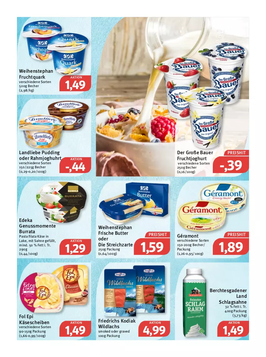 Aktueller Prospekt Feneberg - Prospekte - von 14.04 bis 16.04.2022 - strona 7 - produkty: auer, Bau, Bauer, Becher, Burrata, butter, deka, eis, ente, fol epi, frucht, fruchtjoghurt, Fruchtquark, géramont, joghur, joghurt, Käse, käsescheiben, lachs, landliebe, nuss, pasta, pudding, quark, reis, sahne, schlagsahne, Streichzart, Ti, uhr, weihenstephan, Wild, wildlachs