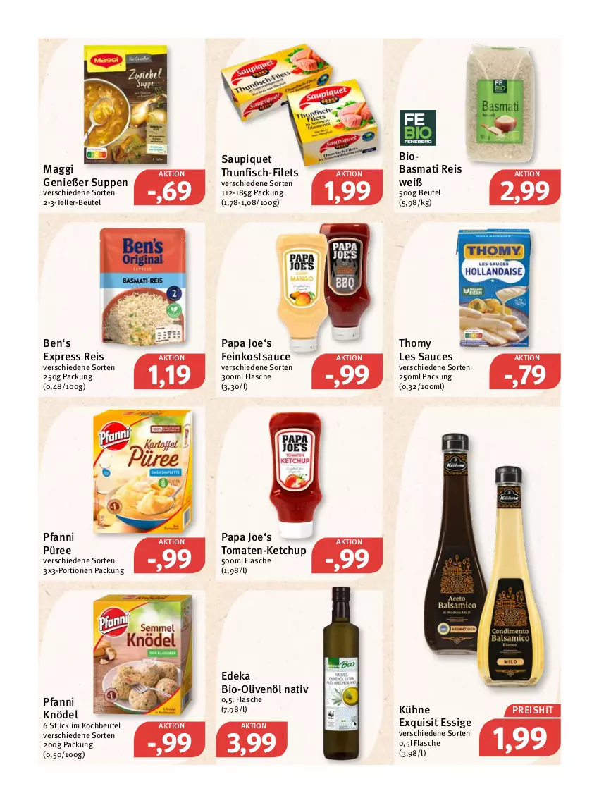 Aktueller Prospekt Feneberg - Prospekte - von 14.04 bis 16.04.2022 - strona 9 - produkty: basmati, Basmati Reis, beutel, bio, Bio-Olivenöl, deka, edeka bio, eis, elle, essig, feinkost, filet, filets, fisch, flasche, ketchup, Knödel, kochbeutel, Kühne, maggi, olive, oliven, olivenöl, pfanni, püree, reis, sauce, saupiquet, suppe, suppen, teller, thomy, thomy les sauces, thunfisch, Ti, tomate, tomaten