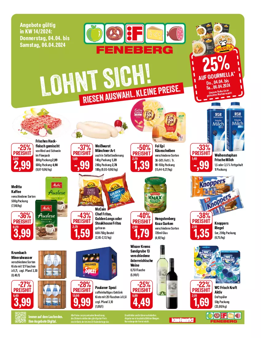 Aktueller Prospekt Feneberg - Prospekte - von 04.04 bis 06.04.2024 - strona 1 - produkty: Alwa, angebot, angebote, beutel, coffein, coupon, coupons, eis, elle, flasche, fleisch, fol epi, frische milch, getränk, Golden Longs, gurke, gurken, hackfleisch, hackfleisch gemischt, hengstenberg, kaffee, Käse, käsescheiben, knoppers, kraft, krumbach, Laufen, mccain, melitta, milch, mineralwasser, Paula, paulaner, reis, riegel, rind, rum, schwein, Spezi, steak, Ti, wasser, wc frisch, WC Frisch Kraft Aktiv, weihenstephan, wein, weine, Weißwurst, wurst, ZTE