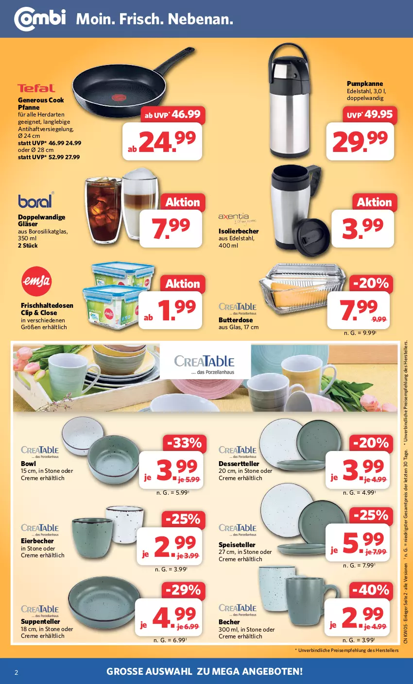 Aktueller Prospekt Combi - Prospekte - von 29.01 bis 03.02.2024 - strona 2 - produkty: angebot, angebote, Becher, butter, Butterdose, creme, dessert, Dessertteller, edelstahl, eier, Eierbecher, eis, elle, ente, frischhaltedosen, Gläser, herdarten, isolierbecher, nero, pfanne, reis, Speiseteller, suppe, suppen, teller, Ti, ZTE