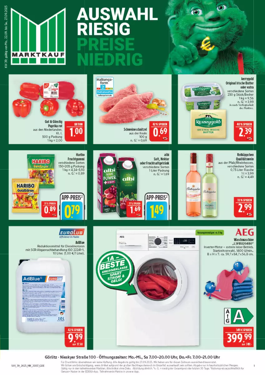 Aktueller Prospekt Marktkauf - Prospekt - von 21.09 bis 27.09.2025 - strona 1 - produkty: adblue, aeg, Becher, butter, Cien, Diesel, eis, flasche, frucht, fruchtgummi, fruchtsaft, fruchtsaftgetränk, getränk, gin, haribo, irische butter, kerrygold, Nektar, paprika, paprika rot, qualitätswein, reis, rotkäppchen, saft, schnitzel, schwein, schweine, schweineschnitzel, Ti, uhr, waschmaschine, wein, weine