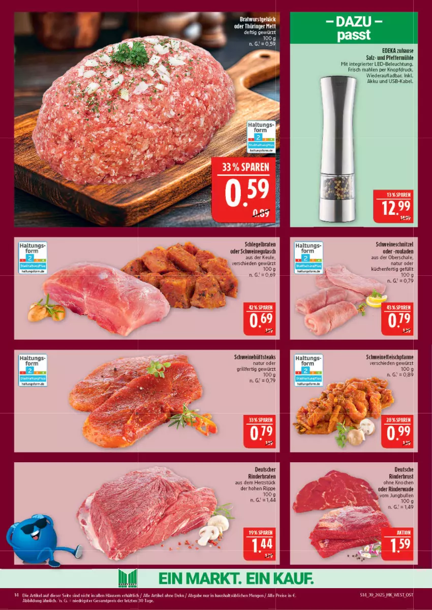 Aktueller Prospekt Marktkauf - Prospekt - von 21.09 bis 27.09.2025 - strona 14 - produkty: akku, beleuchtung, braten, bratwurst, deka, eis, fleisch, gewürz, gulasch, HP, hüftsteak, hüftsteaks, jungbullen, küche, Küchen, led-beleuchtung, natur, pfanne, pfeffer, Pfeffermühle, reis, rind, rinder, rouladen, salz, Schal, Schale, schnitzel, schwein, schweine, schweinefleisch, schweinegulasch, schweineschnitzel, steak, steaks, Ti, usb, wein, weine, wurst, ZTE