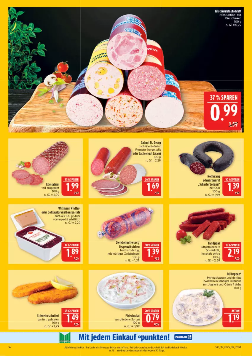 Aktueller Prospekt Marktkauf - Prospekt - von 21.09 bis 27.09.2025 - strona 16 - produkty: braten, chili, creme, Edelsalami, eis, fisch, fleisch, fleischsalat, frischfisch, Geflügel, hering, Herings, Heringshappen, joghur, joghurt, landjäger, Mett, mettwurst, pastete, payback, reis, rezept, ring, sac, salami, salat, schnitzel, Schwarzwurst, schwein, schweine, schweineschnitzel, Spezi, Ti, wein, weine, wiltmann, wurst, würstchen, ZTE, zwiebel, zwiebelmettwurst, zwiebeln