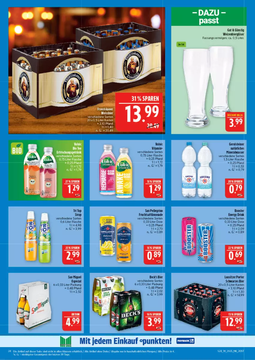 Aktueller Prospekt Marktkauf - Prospekt - von 21.09 bis 27.09.2025 - strona 24 - produkty: Alwa, bier, cin, drink, elle, energy drink, flasche, franziskaner, frucht, fruchtsaft, gerolsteine, gerolsteiner, Gläser, limo, limonade, mineralwasser, natürliches mineralwasser, saft, san pellegrino, sirup, steiner, Ti, vita, volvic, wasser